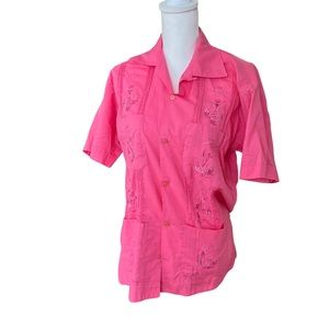 VTG La aguja Cuban bright pink shirt men neck 15.5 medium floral embroidery